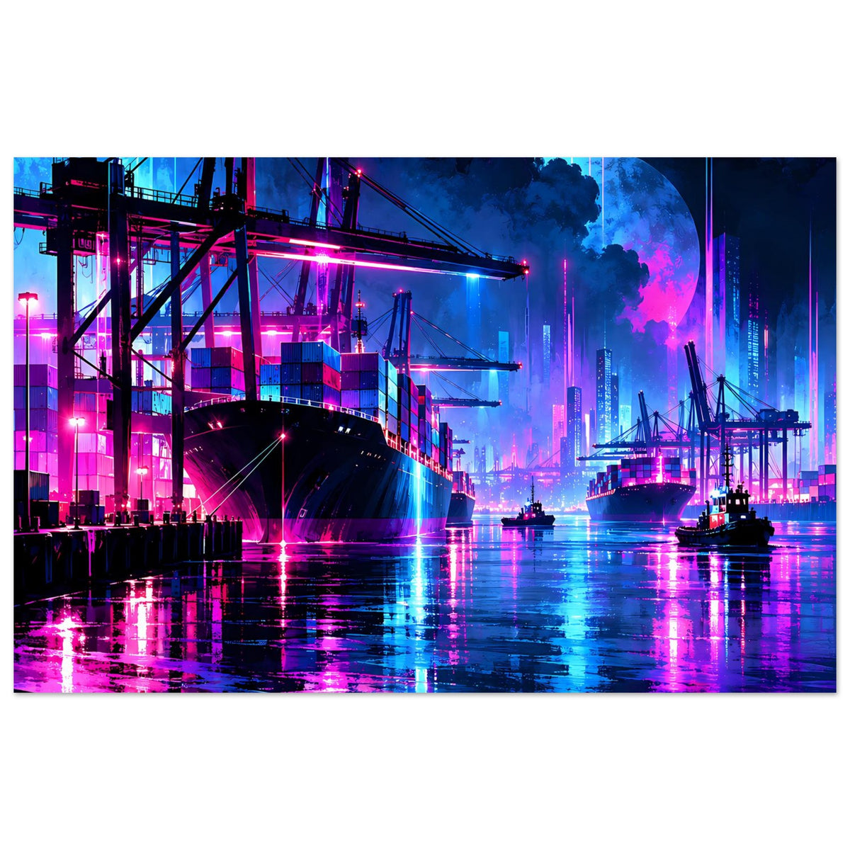 Neon-Hafen-Nachtposter, quer: Hafenkräne, Skyline und Mondschein über blauem Pink-Reflexwasser