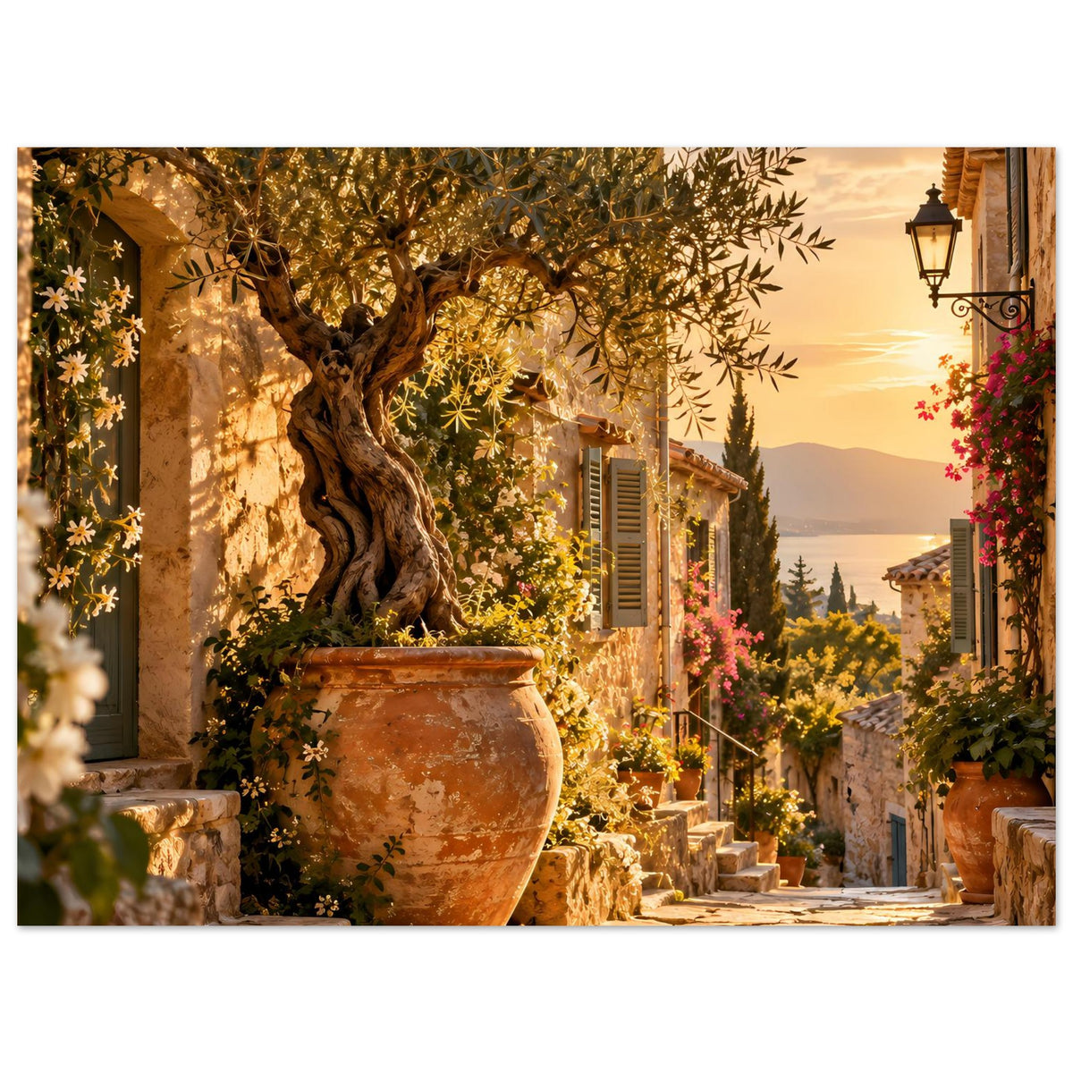 Poster mit mediterraner Gasse: Olivenbaum, Keramikvase, Blüten und steinerner Gehweg