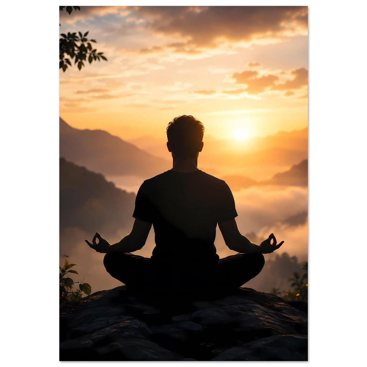 Meditationsposter mit dunkler Personensilhouette im Lotussitz vor Sonnenuntergang in den Bergen