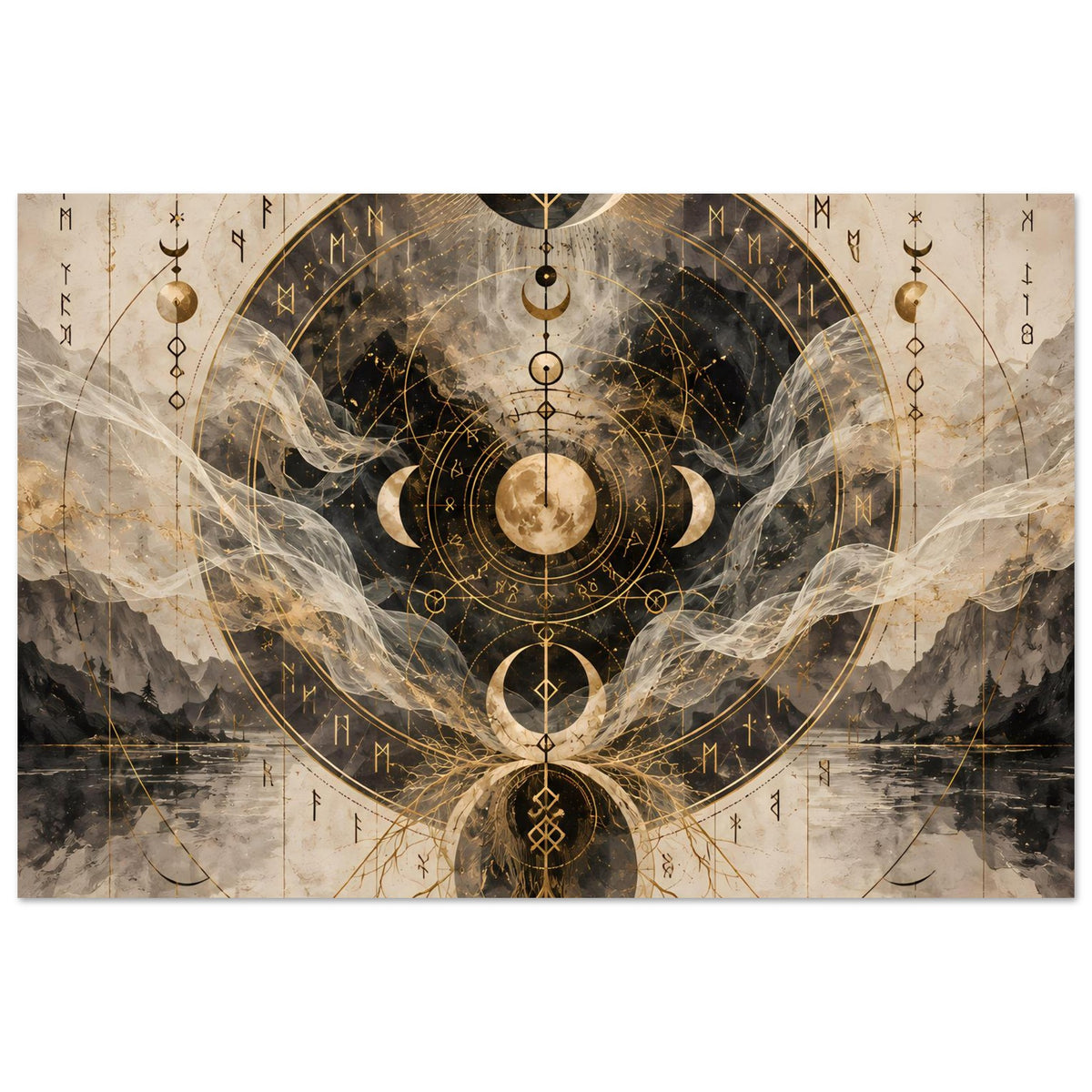 Poster mit Mondphasen, goldenen Verzierungen und astrologischen Linien, dunkler Bogen im Zentrum