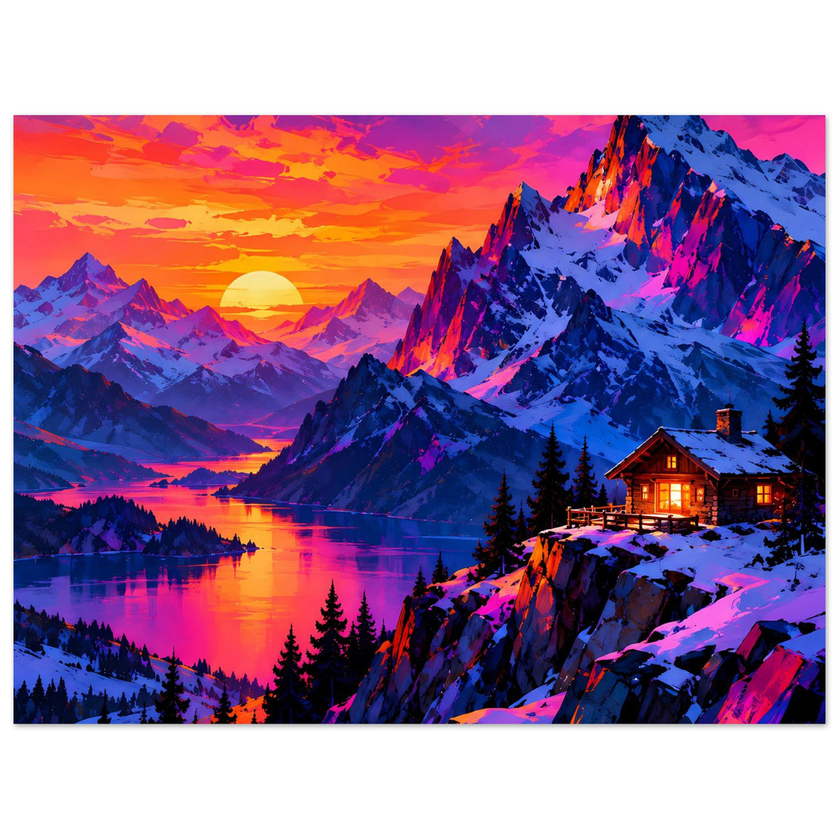 Querformat Poster mit Sonnenuntergang über den Bergen, Seeufer und Chalet am Hang