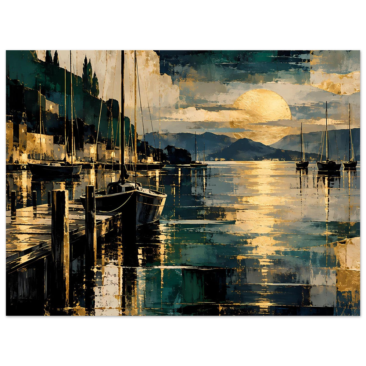 Maritimes Poster mit Segelbooten im Hafen, goldene Sonne und blaue Reflexionen (Querformat)