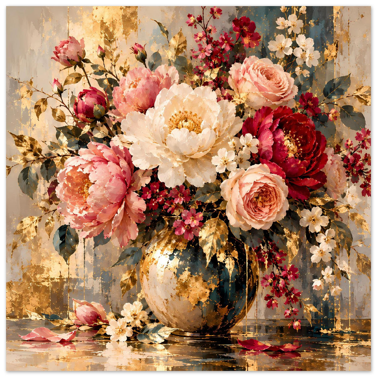 Blumenposter mit Pfingstrosen und Rosen im Vase-Gemälde, warmen Gold- und Blautönen.