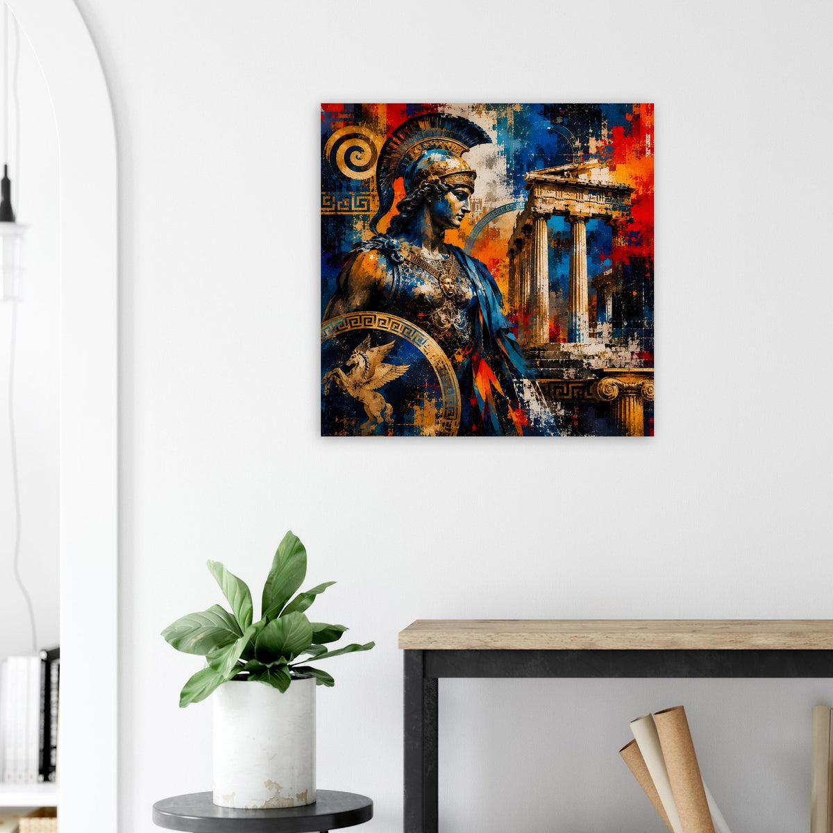 Poster: griechischer Krieger in Rüstung, bunte Säulen, blau-oranges Farbsplatter