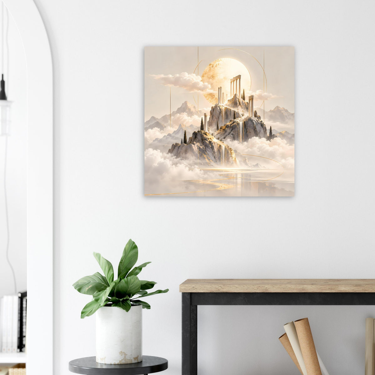 Quadratisches Poster mit goldenem Tempel, Bergen aus Rauch und reflektierendem Wasser