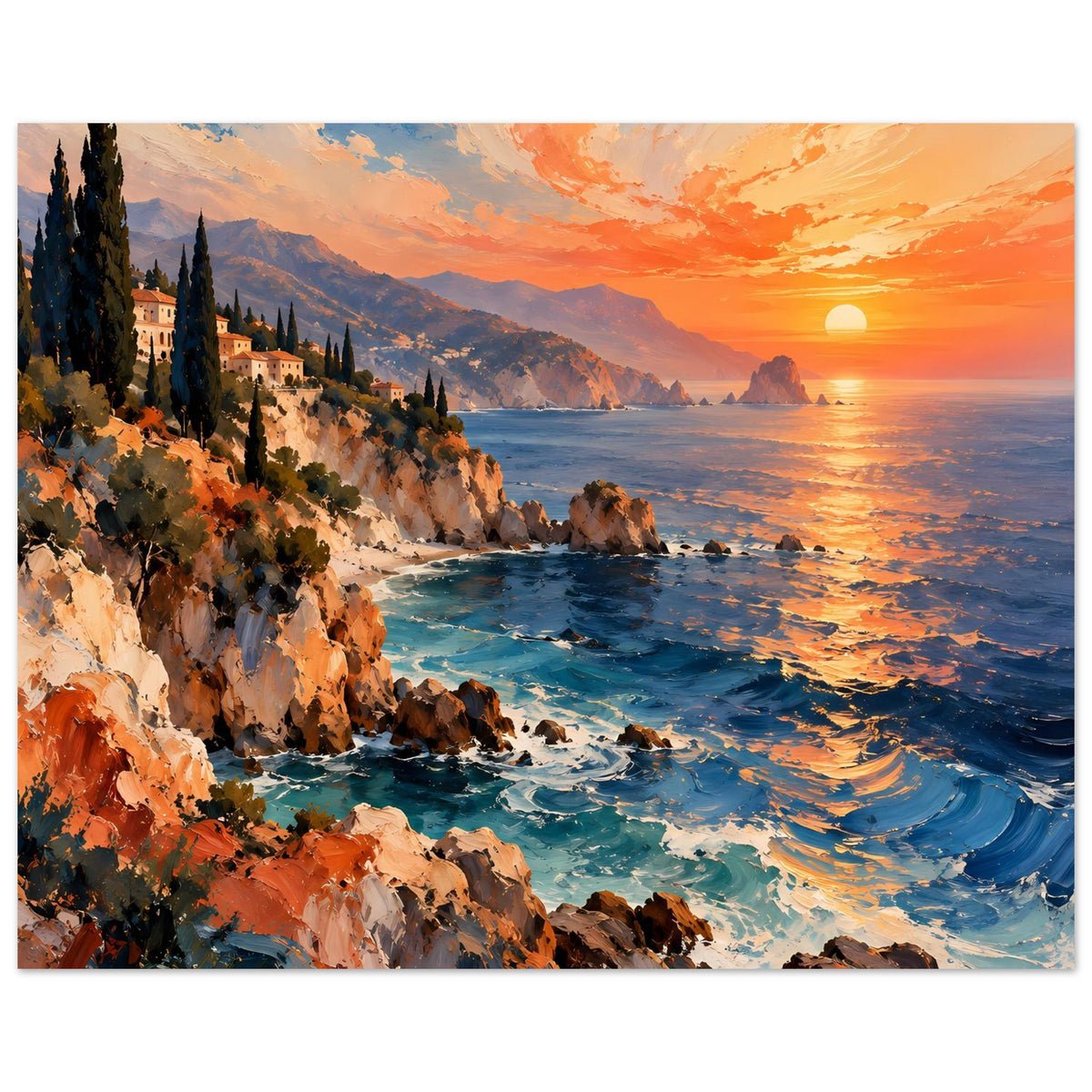 Küstenlandschaftsposter im Querformat: Klippen, Küstenhaus und Meer bei Sonnenuntergang