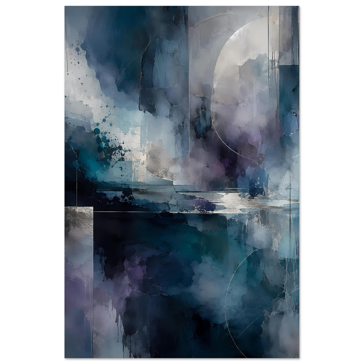 Abstraktes Kunstposter im Hochformat mit blau‑lila Pinselstrichen und Fleckenoptik