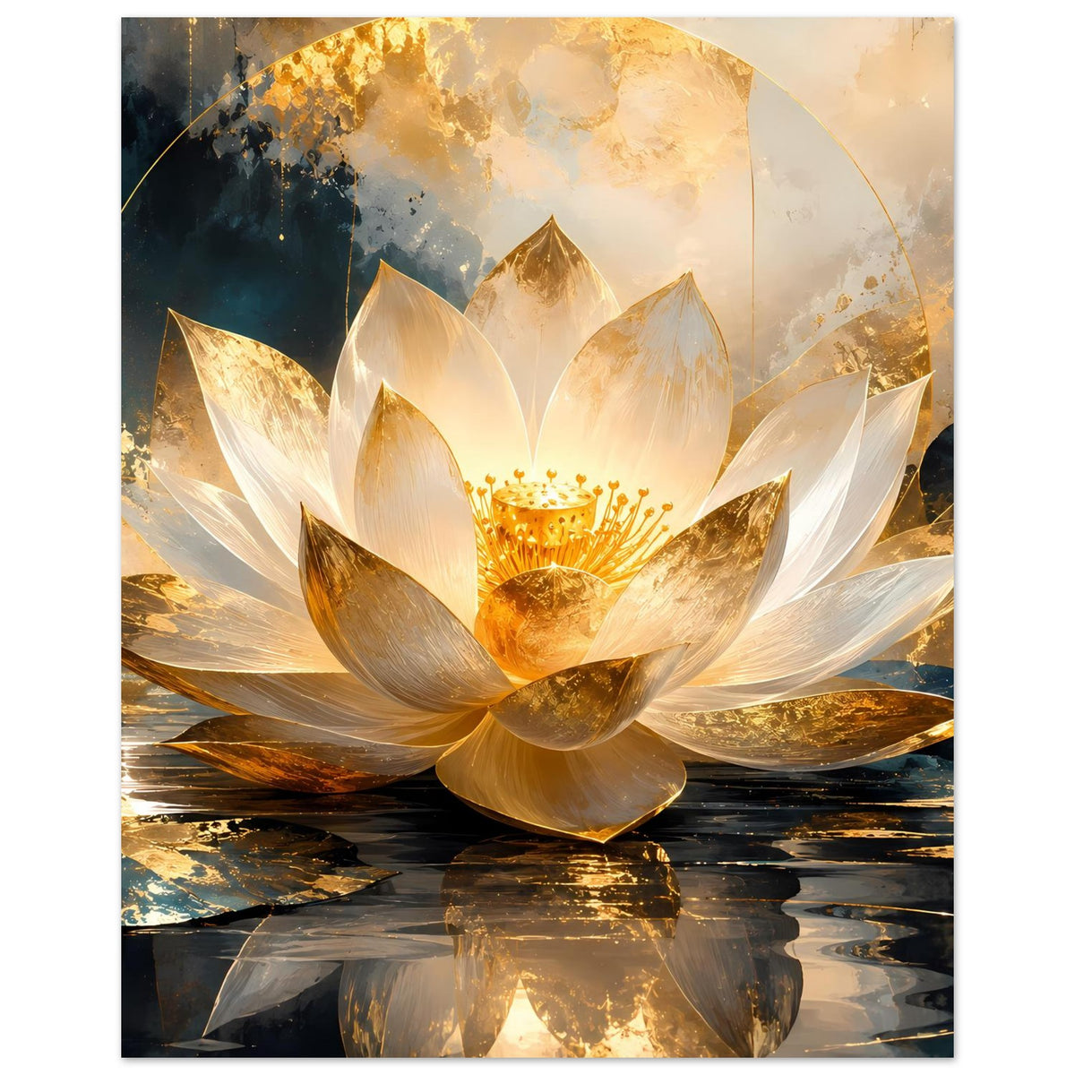 Kunstposter mit goldenen Blütenblättern der Lotusblüte und Wasserreflexion