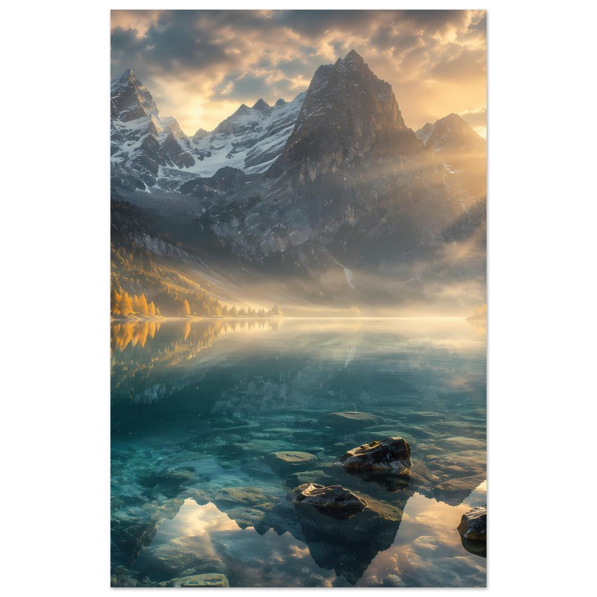 Wandposter Hochformat mit Berglandschaft: Berge, Nebel über dem See und warmes Licht