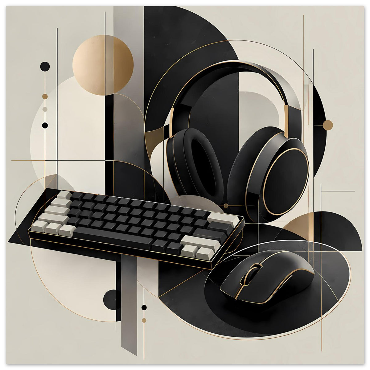 Gaming-Poster: Headset über Keyboard, Maus rechts, abstrakte Linien und Kreise in Gold