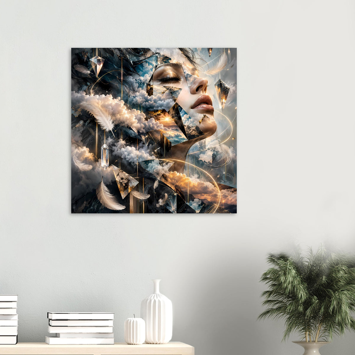 Poster an der Wand mit surrealem Motiv: Frauenprofil, Wolken, Federn und Lichtspuren