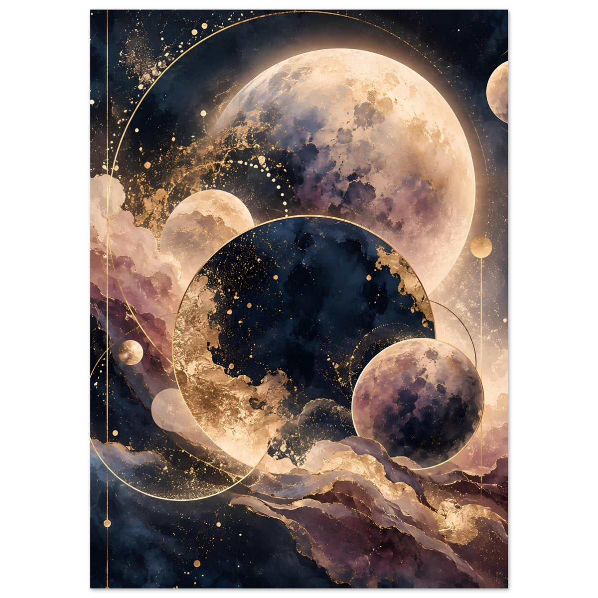 Planetenposter im Hochformat mit mehreren Monden, Sternen und vernebelten Wolken in Blau