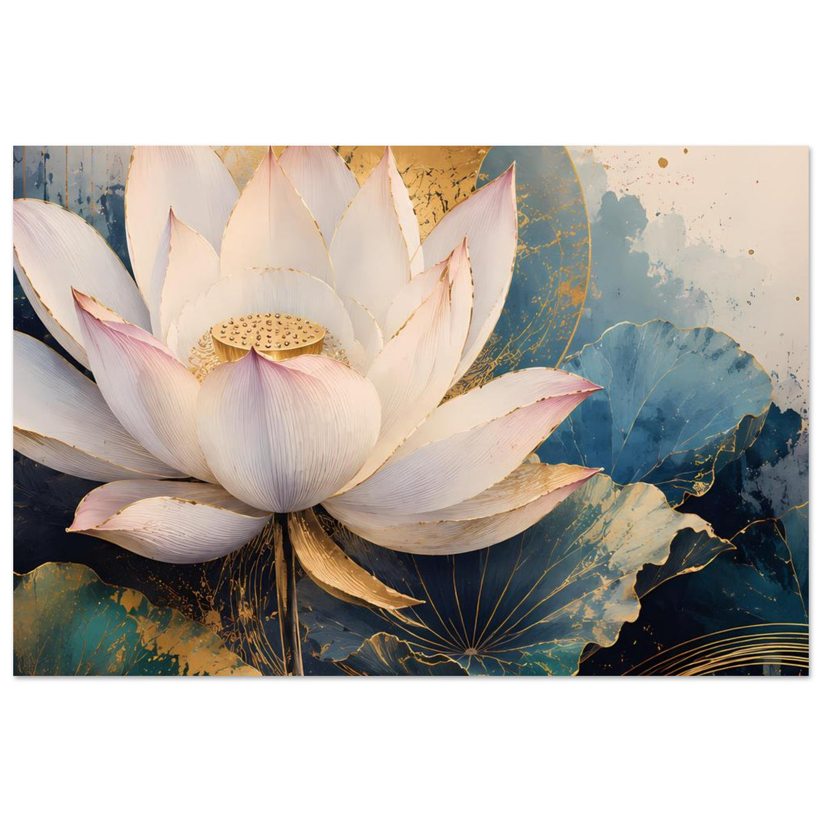 Poster mit zentraler weißer Lotusblüte, blauem Blattmuster und goldfarbenem Halbkreis
