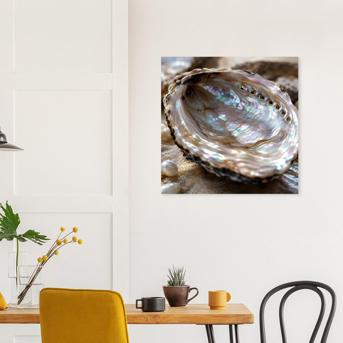 Quadratisches Wandposter mit Abalone-Muschel in Nahaufnahme, perlmuttschimmernd