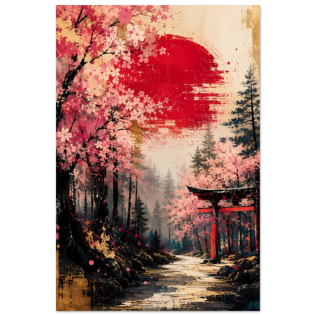 Poster mit Kirschblütenbaum, roter Landschaftsmalerei und Torii-Schrein im Hintergrund