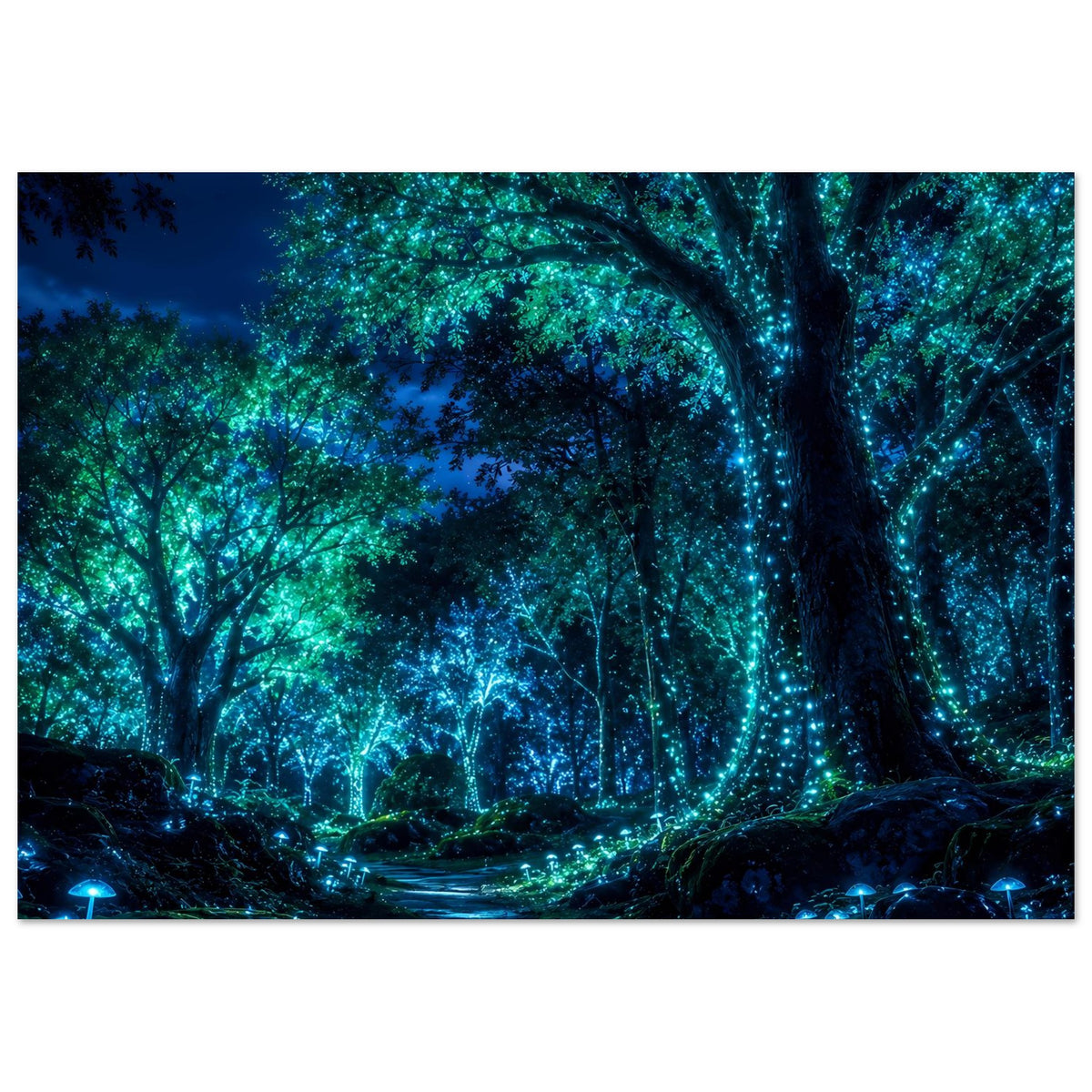 Horizontales Poster: Waldweg und großer Baum mit leuchtenden Punkten, Nacht in Blau-Grün