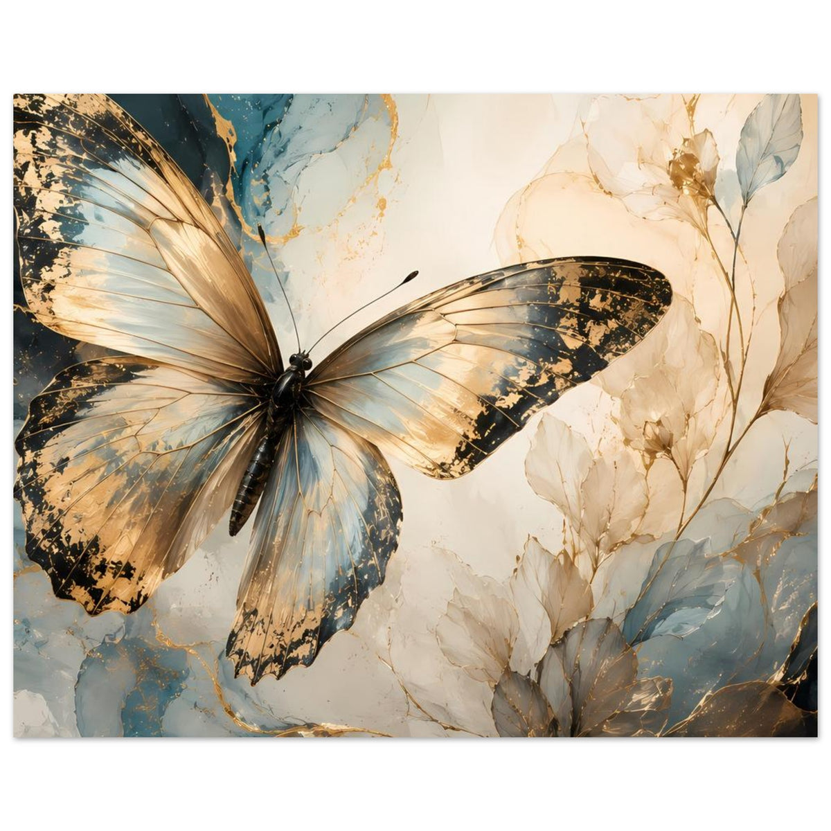Querformat-Kunstposter mit großem Schmetterling in Gold-Blau und beigen Blättern
