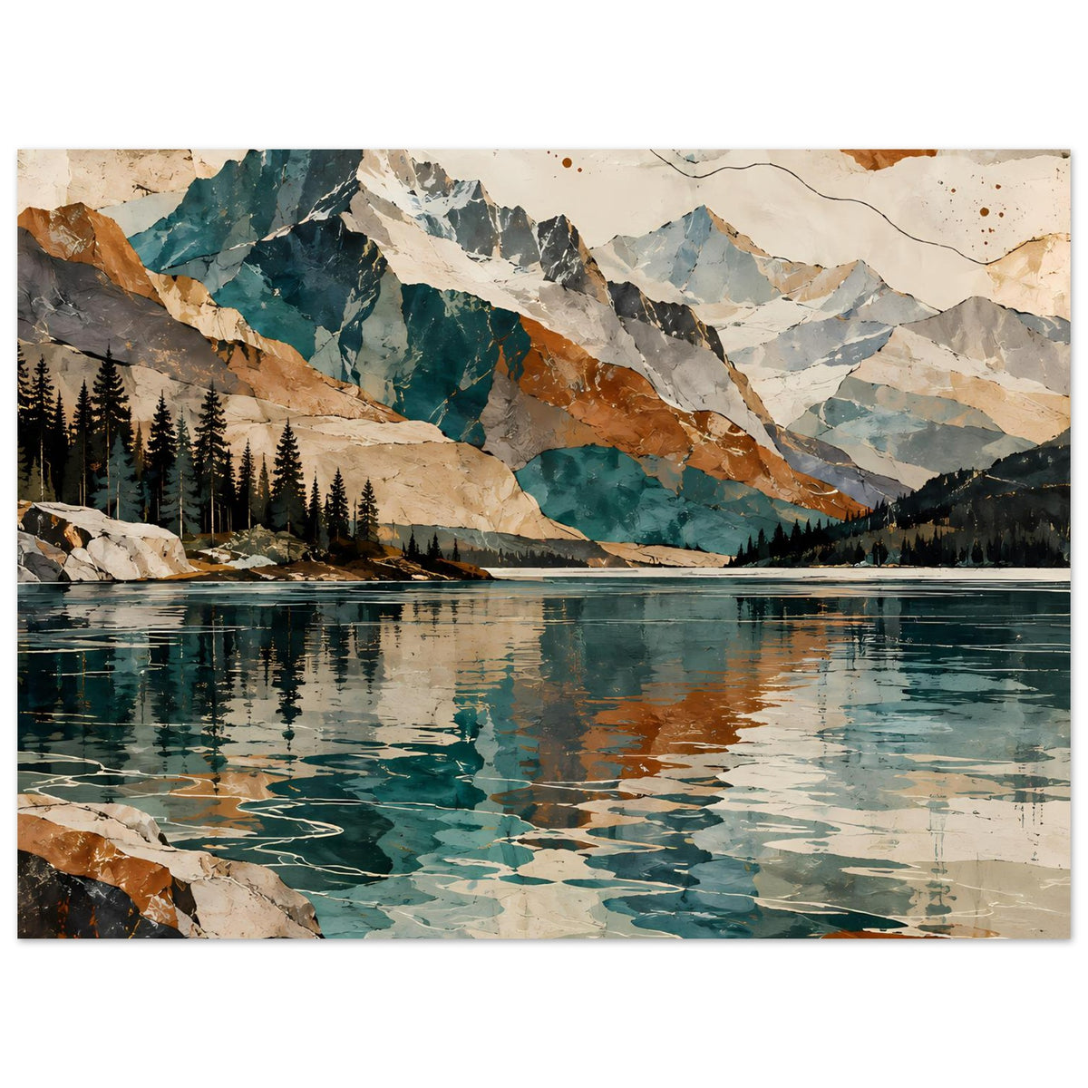 Landschaftsposter mit hellem Holzrahmen: Bergmassiv, See mit Spiegelungen, Tannenwald