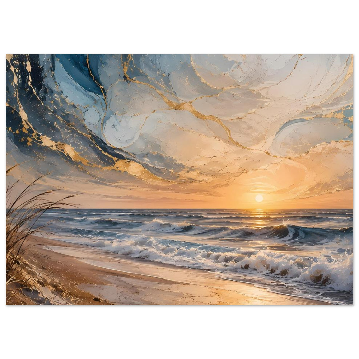 Strandposter mit goldenen Meereswellen, Schaumkronen und warmem Sonnenuntergangslicht