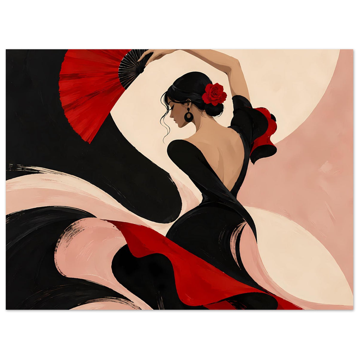Poster einer Flamenco-Tänzerin in Schwarz-Rot mit rotem Fächer und rotem Kleidakzent.