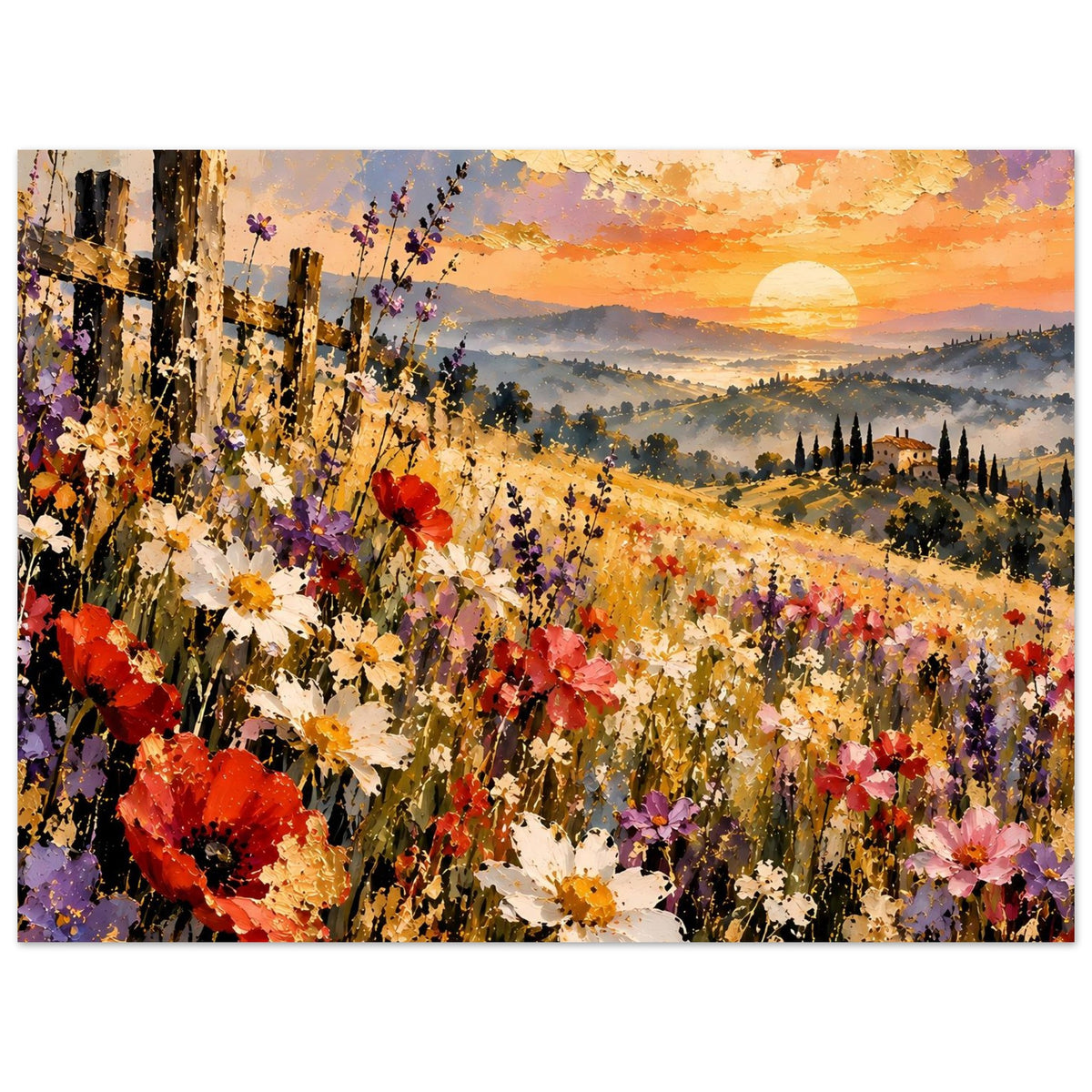 Querformat-Landschaftsposter mit blühender Wiese und Sonnenuntergang über Landschaft