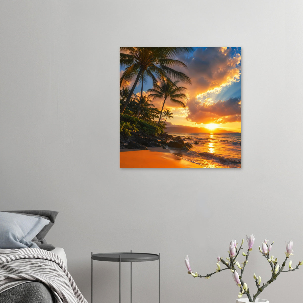 Strandposter im Kleinformat: Palmen und Sonnenuntergang über dem Meer