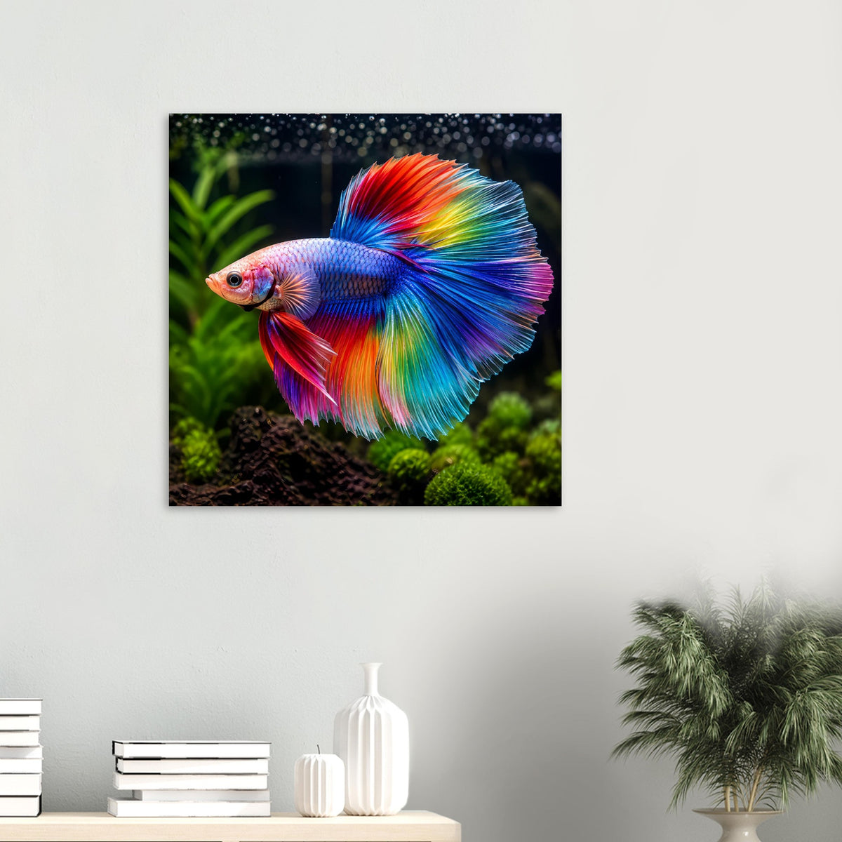 Kleines Poster auf Wand: Kampffisch-Betta mit weit ausgebreiteten Regenbogenflossen