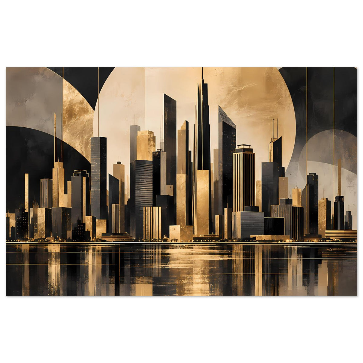 Horizontales Stadtposter mit goldschwarzer Skyline und Spiegelung im Wasser