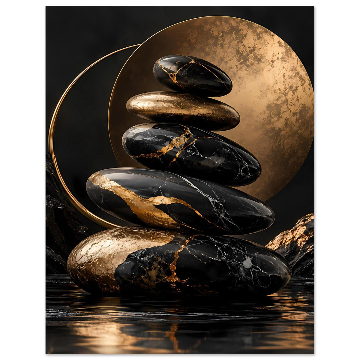 Poster mit Zen-Steinen: schwarze und goldene Steine vor goldenem Scheibenmotiv