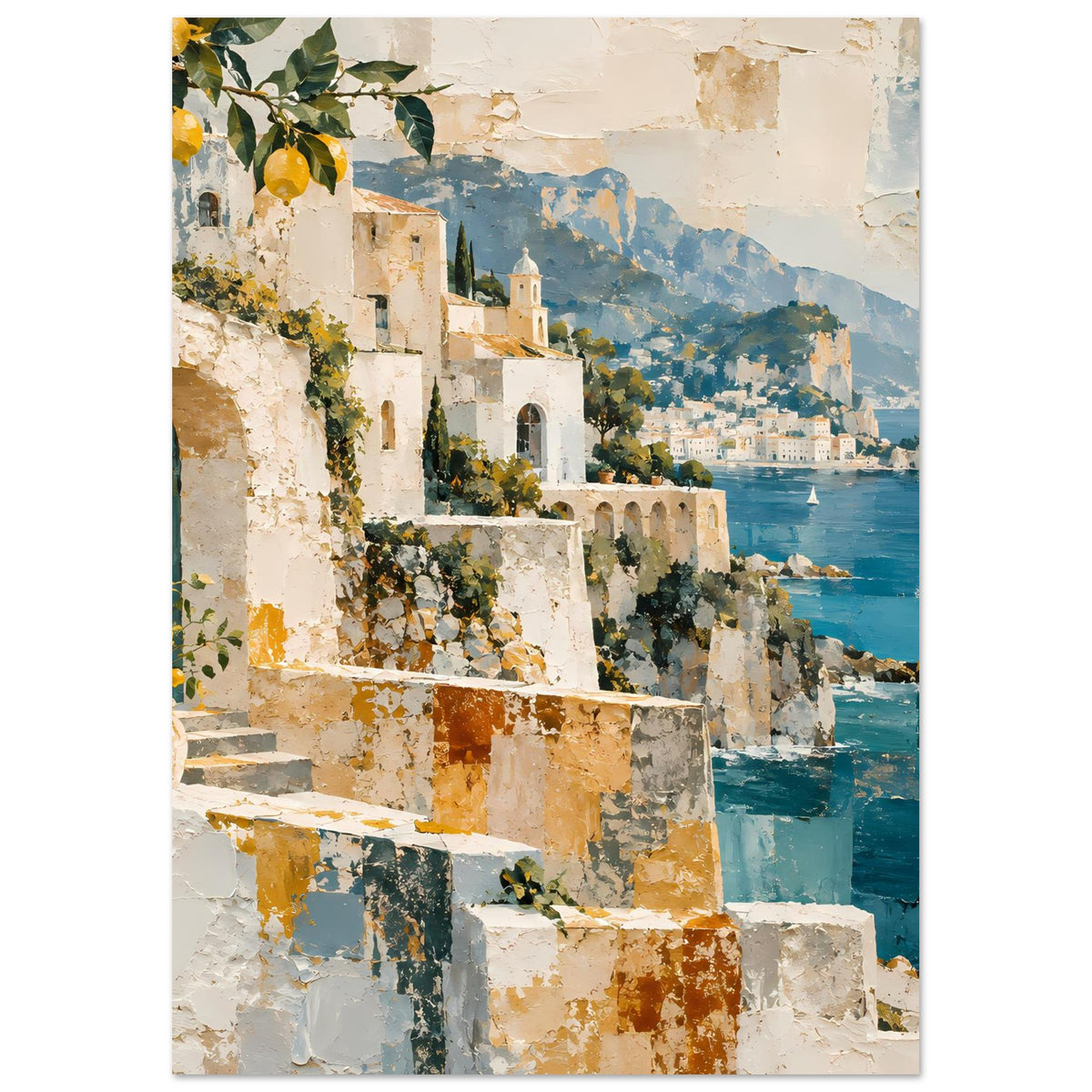 Kunstposter in Hochformat: Terrassenmauern, Zitronenblätter und blaues Meer im Hintergrund