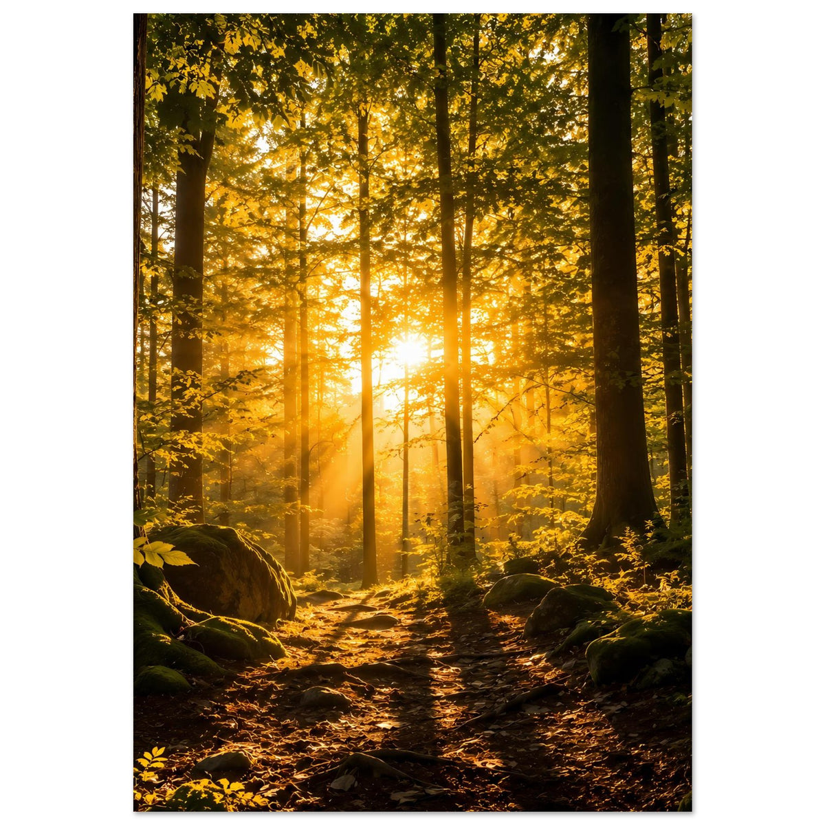 Wandposter hochkant: Waldpfad mit Sonnenstrahlen zwischen Bäumen, orangegelbe Stimmung