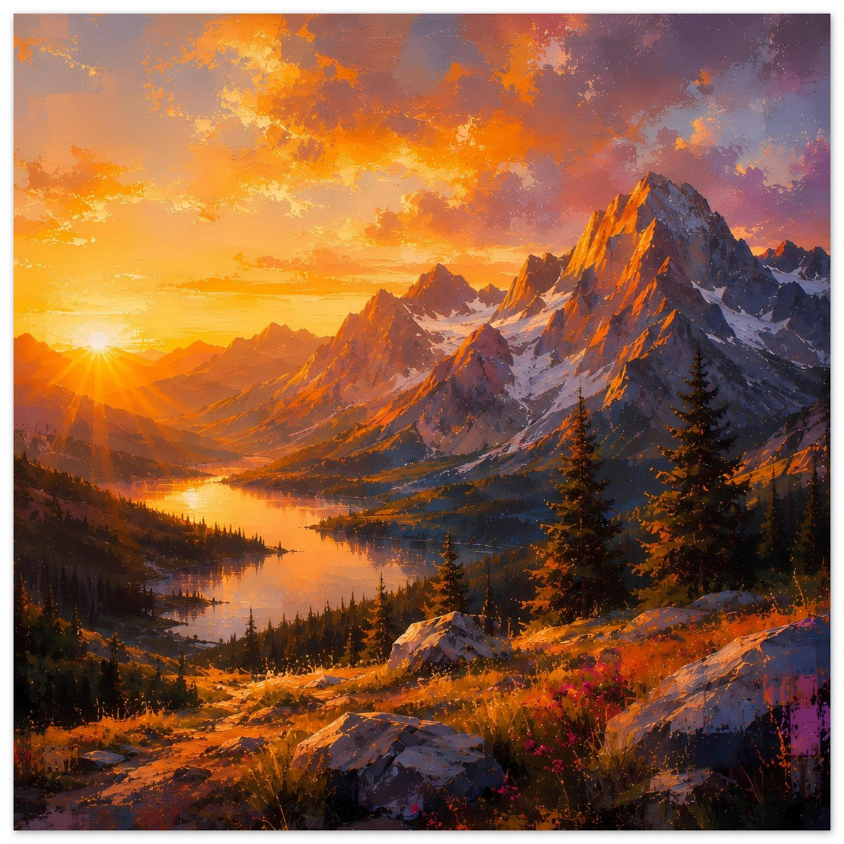 Hochformat-Poster mit Sonnenuntergang über Berglandschaft, See und Felsgipfeln