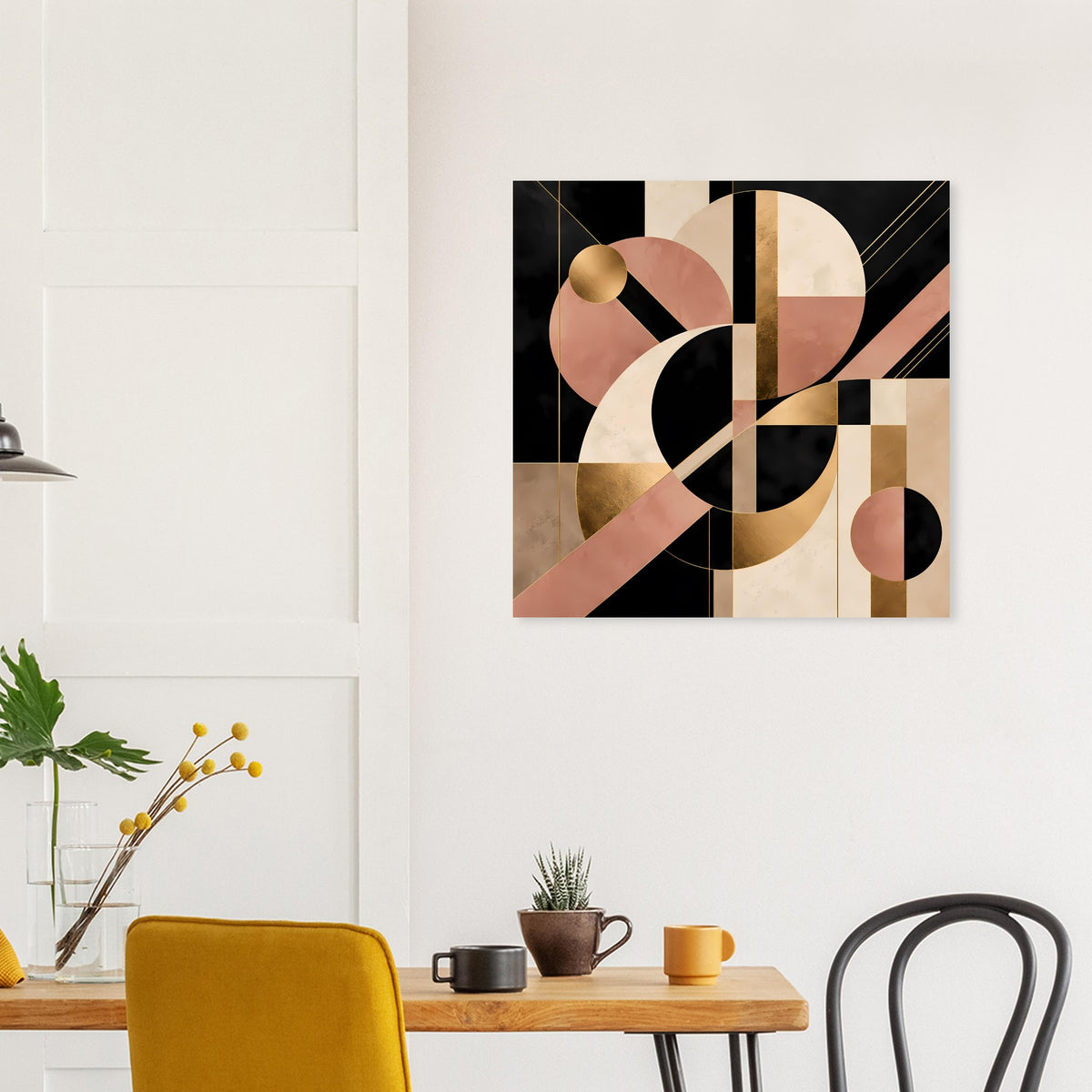 Art-Deco-Poster mit geometrischem Muster aus Kreisen, Balken und Rauten in Schwarz, Blush und Gold