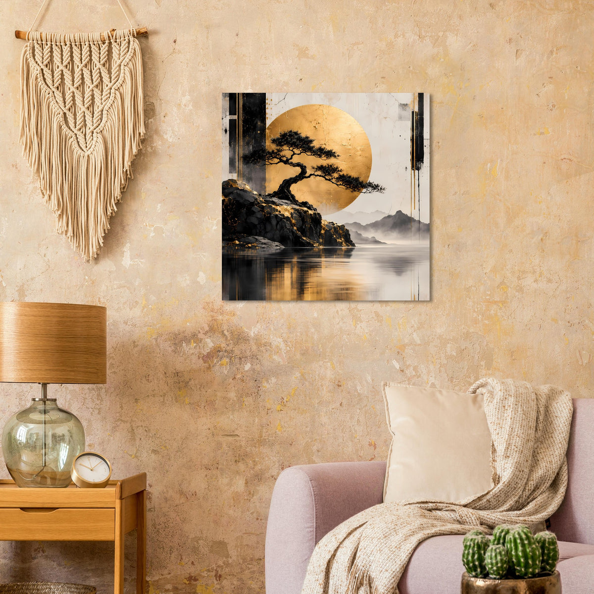 Poster mit goldenem Mond über Felsen, schwarzem Baum und ruhiger Wasseroberfläche