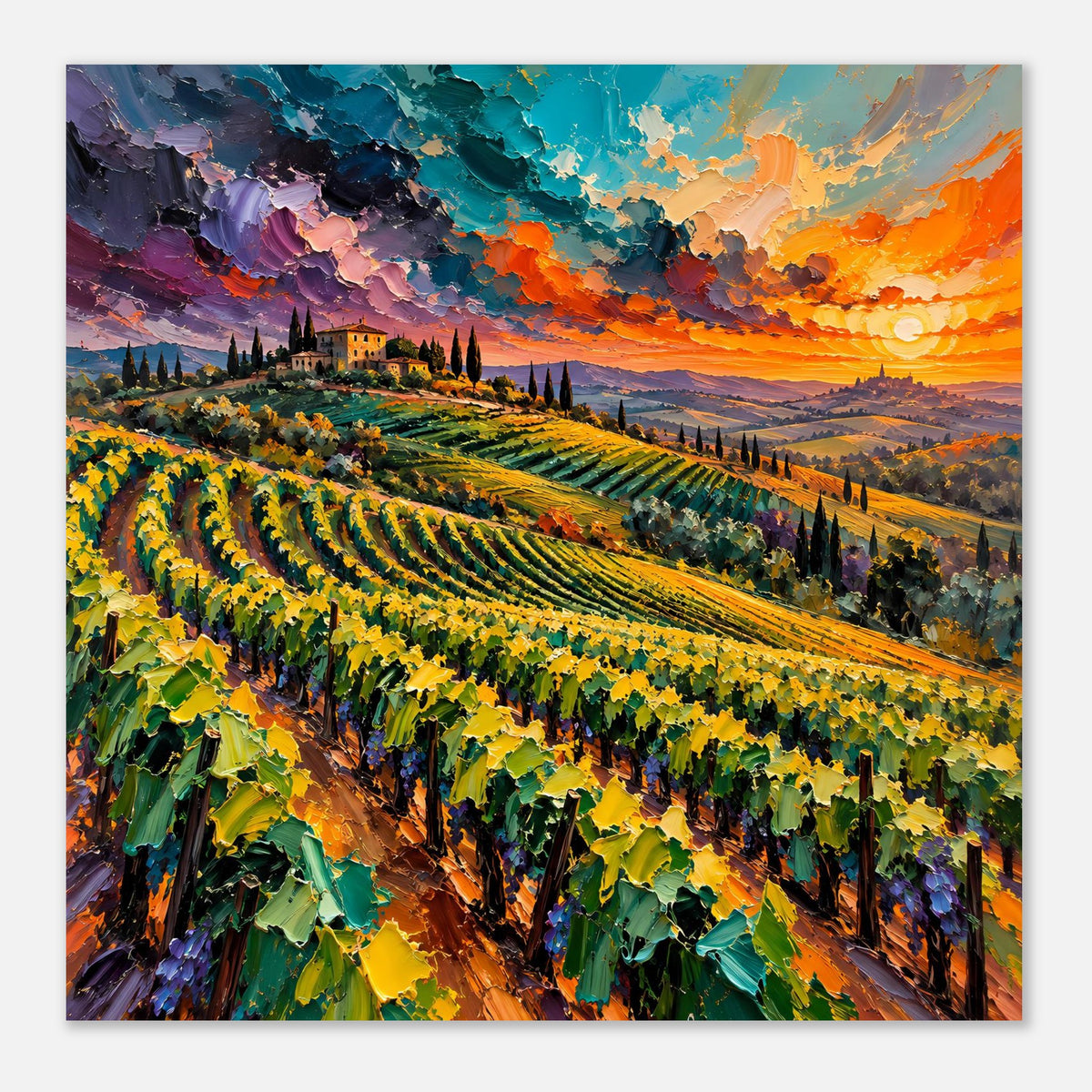 Landschaftsposter mit Weinberg-Hang, gelben Rebreihen und farbigen Wolken am Abend