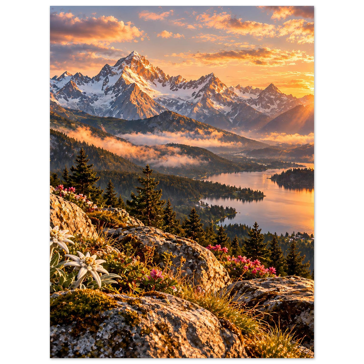 Hochformat-Landschaftsposter mit Bergkette, Seelandschaft im Morgenlicht und Tannen im Tal