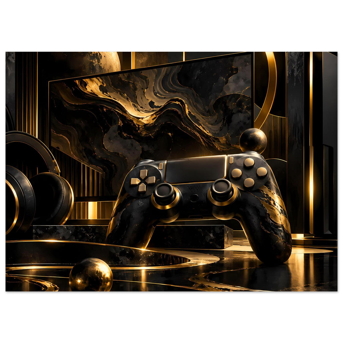 Gaming-Poster mit schwarzem Gamecontroller, goldenen Kugeln und abstraktem Linienspiel