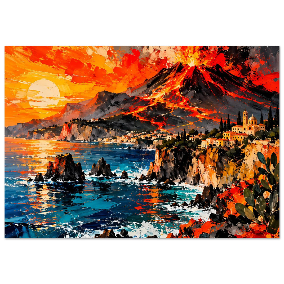 Deko-Poster, horizontales Motiv: Vulkan, leuchtende Lava, Küste mit Häusern und Meer