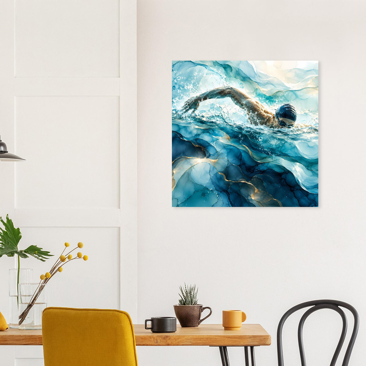 Quadratisches Poster mit Schwimmer in türkisblauer Strömung und Schaum