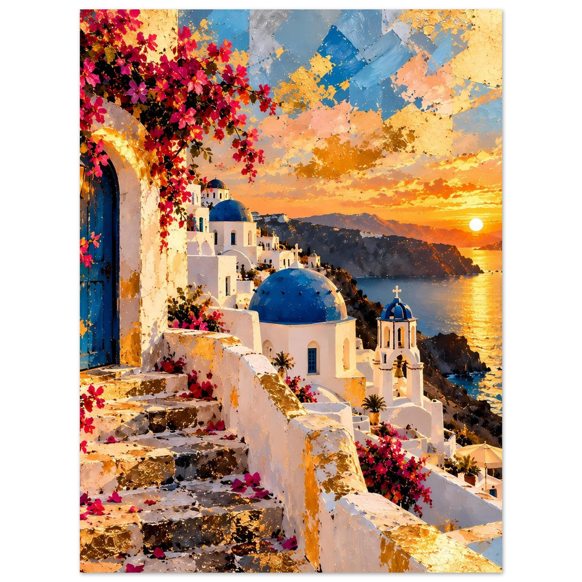 Vertikales Poster: blaue Kuppel, weiße Häuser und Treppe mit roten Blumen im Sonnenuntergang