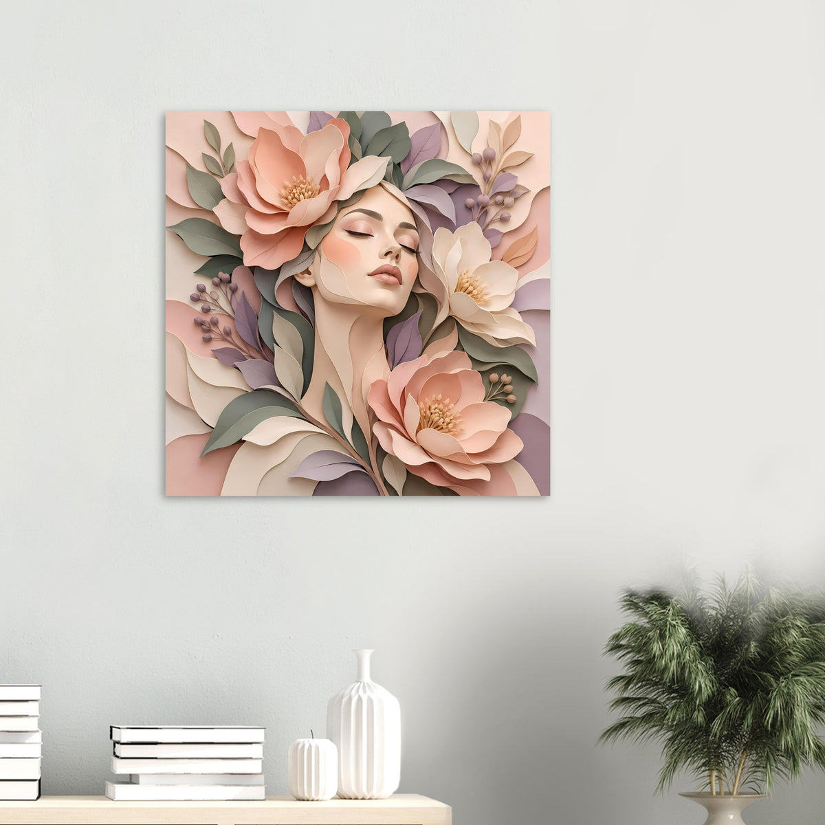 Florales Portraitposter mit Frauenkopf und geschlossenen Augen, umrahmt von pastelligen Blüten