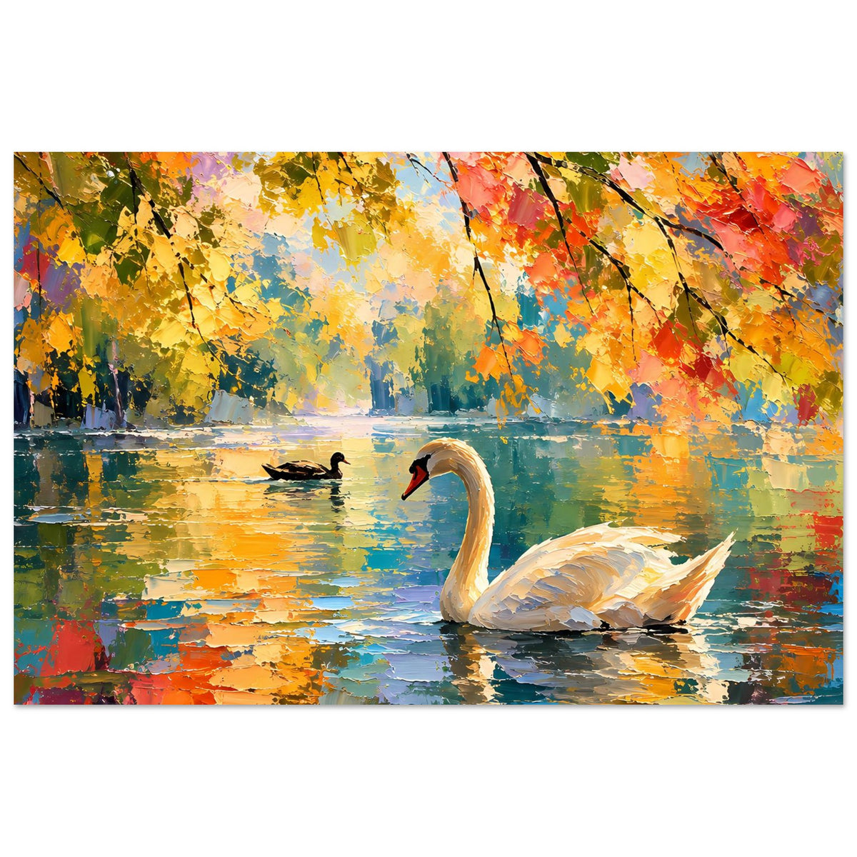 Schwanenmotiv-Poster: weißer Schwan im Vordergrund, farbige Uferreflexionen und Herbstlaub