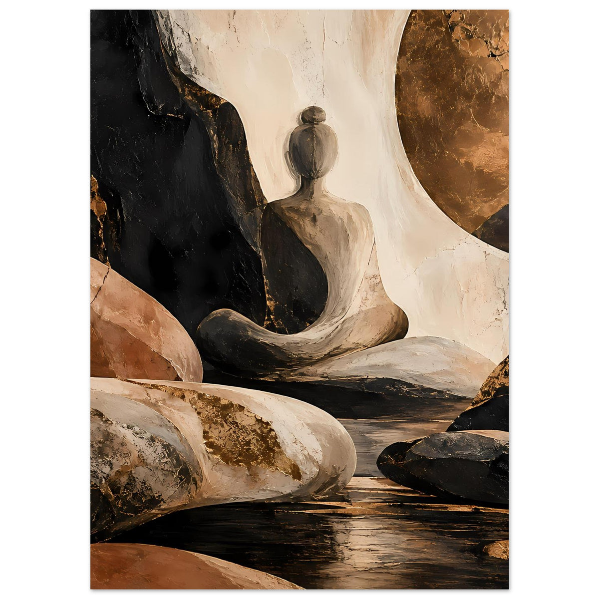 Abstraktes Poster (Hochformat) mit sitzender Figur, Kiesfelsen und dunklem Bodenbereich