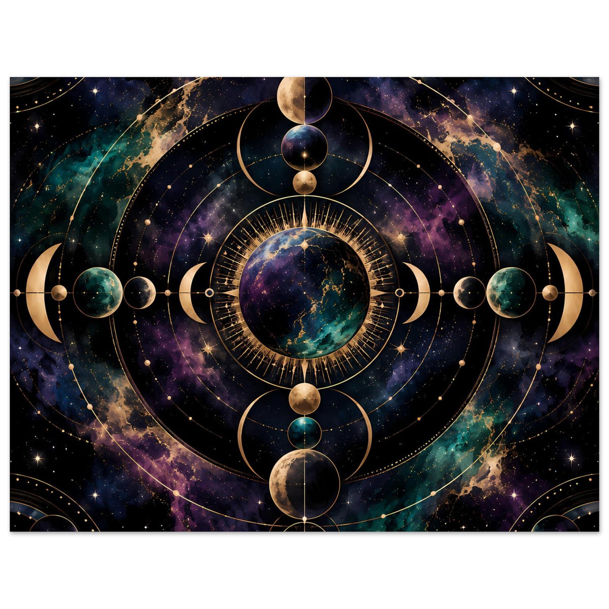 Poster mit kosmischem Mondphasen-Motiv, symmetrische Planetenanordnung und Ringlinien