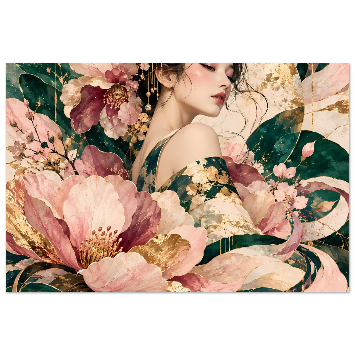 Elegantes florales Poster mit Frau zwischen roséfarbenen Blüten, Grün und Gold