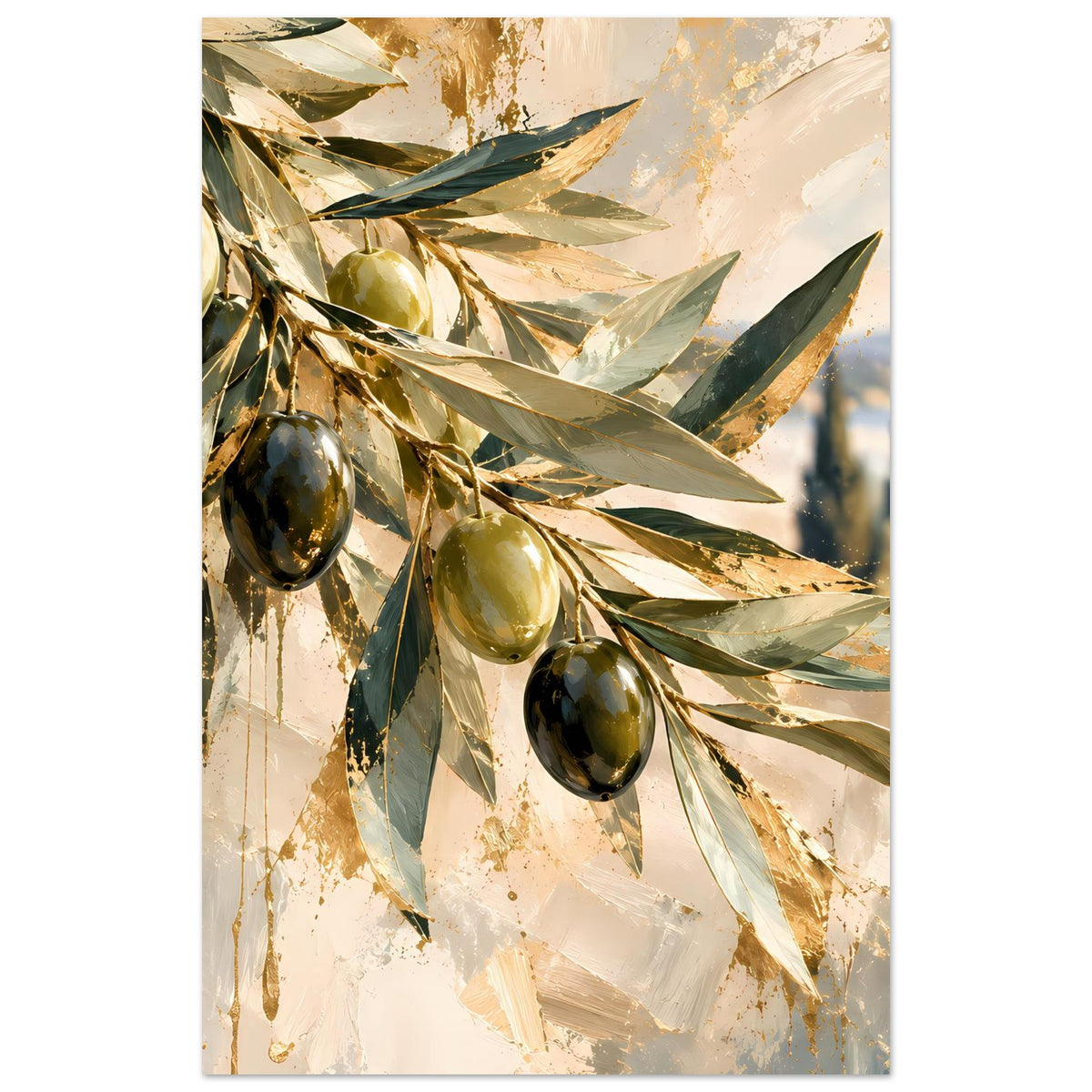 Vertikales Kunstposter mit Olivenzweigen und hängenden Oliven, gold-olive Farbverlauf