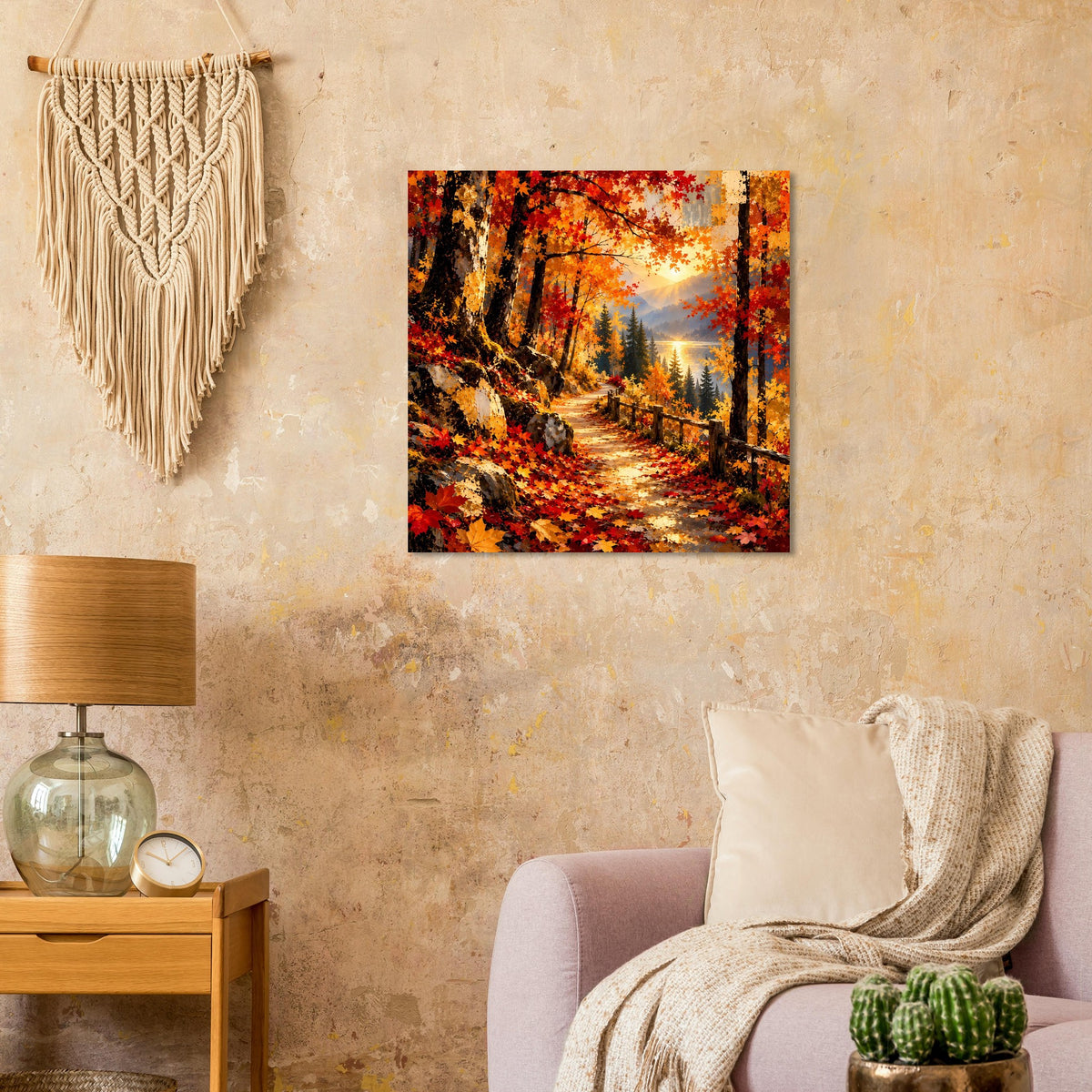 Quadratisches Wandposter mit Herbstpfad im Wald, goldenes Licht zwischen den Bäumen