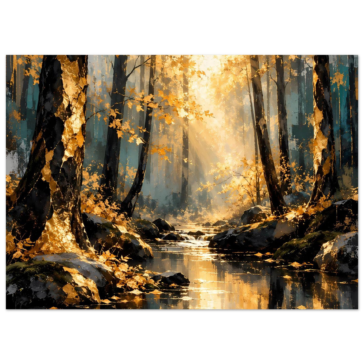 Breites Poster mit Herbstwald, goldenem Sonnenlicht und Bachlauf mit Reflexionen