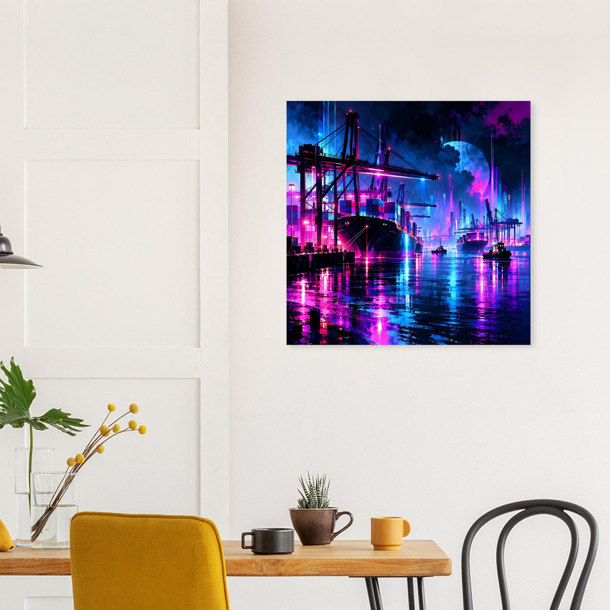 Neon-Hafenposter über Holztisch mit blau-violettem Hafenpanorama und Spiegelungen
