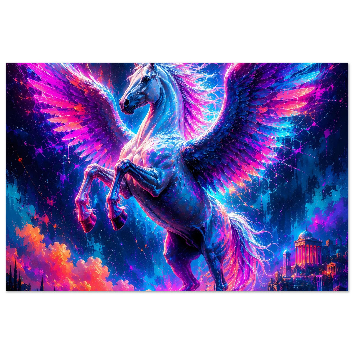 Leuchtendes Pegasus-Motivposter im Querformat, Flügel in Pink-Blau-Neon